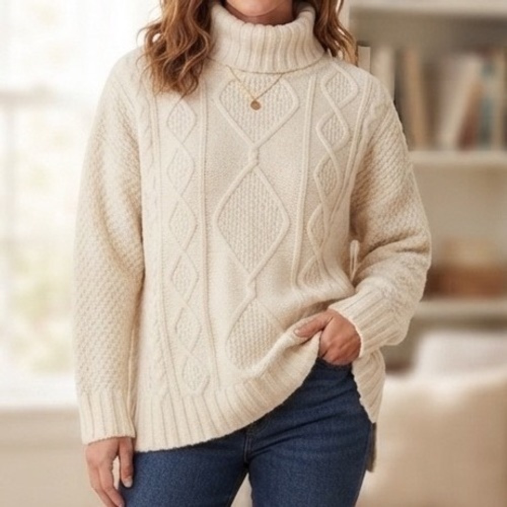 Aerie Cream Cable Knit Turtleneck Sweater Wool Blend Oversized Ivory Small